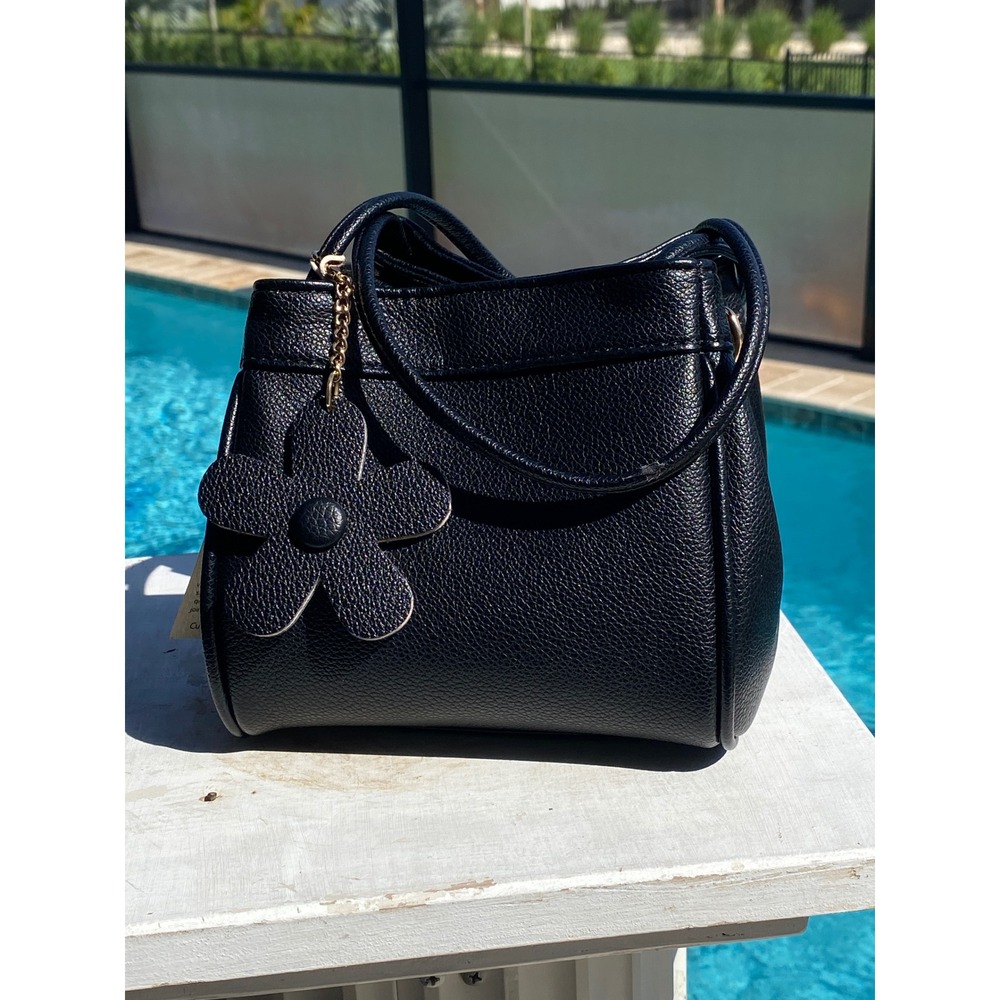 Black Pebbled Faux Leather Bucket Bag Flower Charm Gold Hardware‎ Crossbody